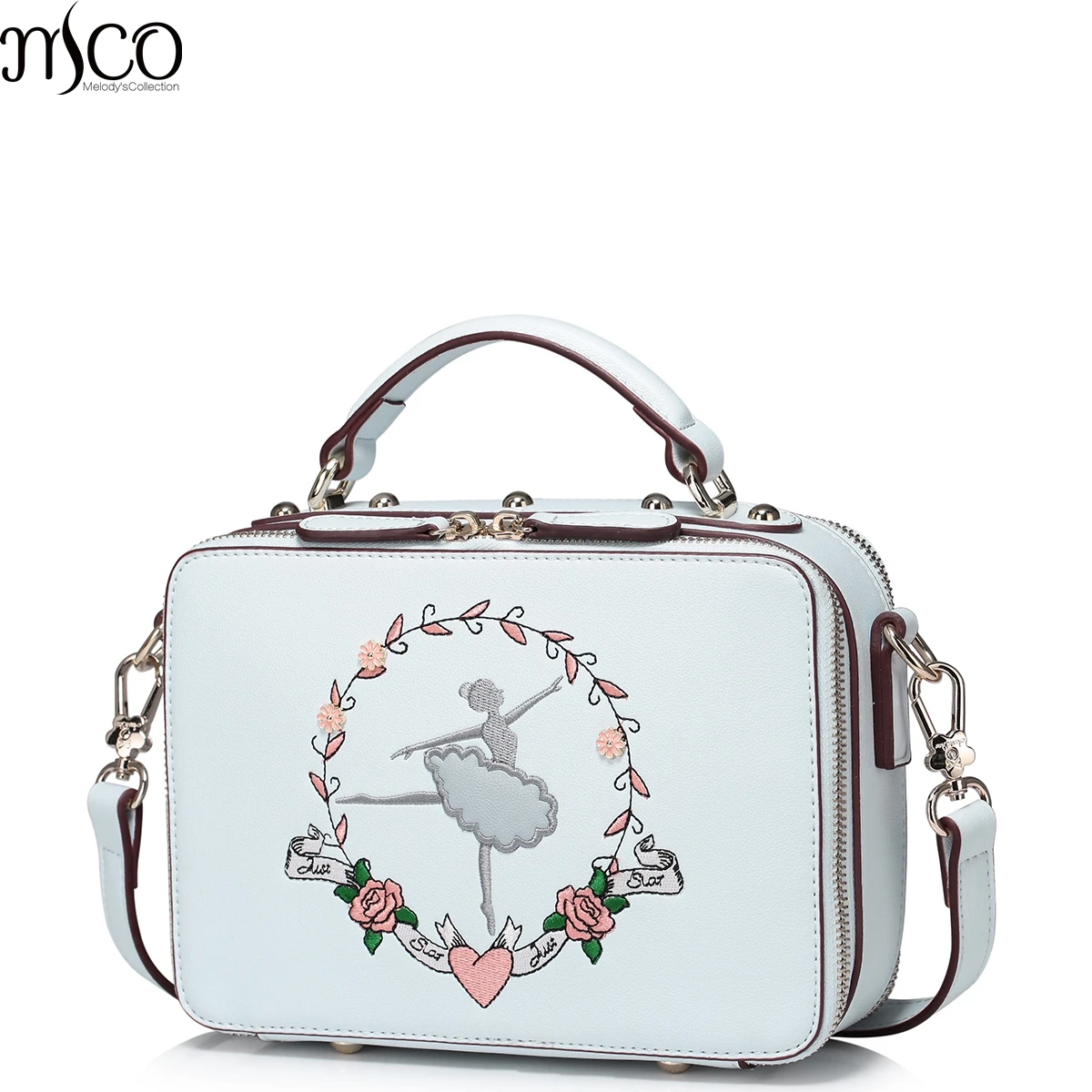 

2017 Summer Luxury Flower Ballet Girl Embroidery Tote Handbags For Women PU Leather Shoulder Bag Double Zipper Messenger Bags