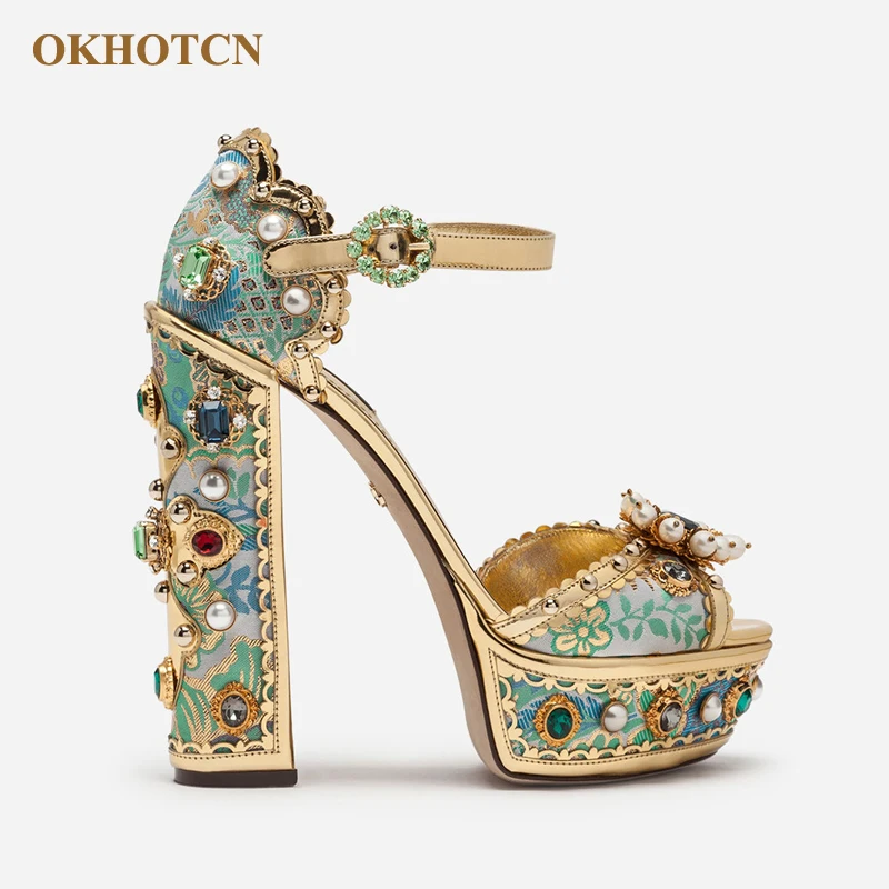 

2019 Gladiator Sandals Women New Light Blue Platform Thick Heel Fashion Flower Designer Pumps Handmade Leather High Heels Shoes