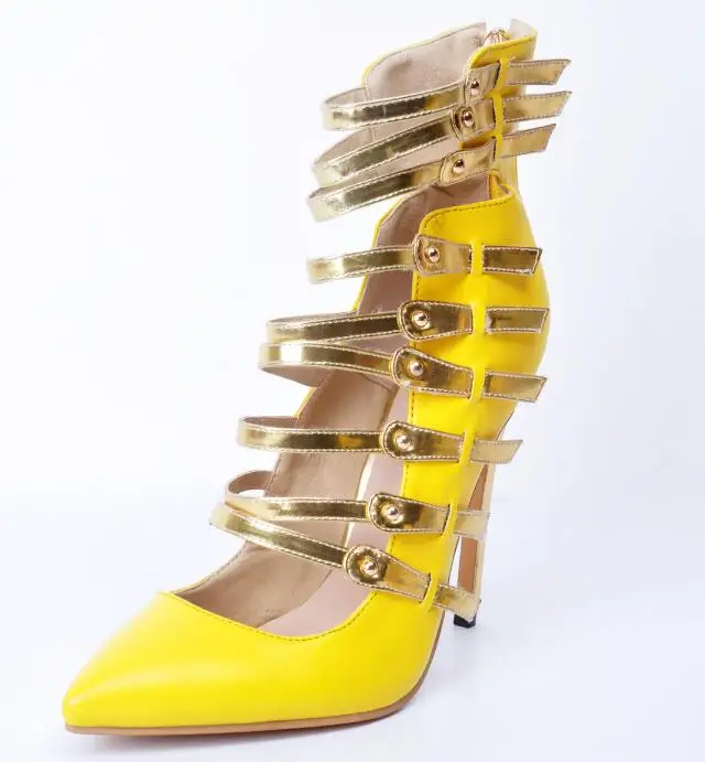

Carpaton Office Ladies Fashion pointed high heels belt buckle decoration sexy stiletto back zipper female shoes yellow color