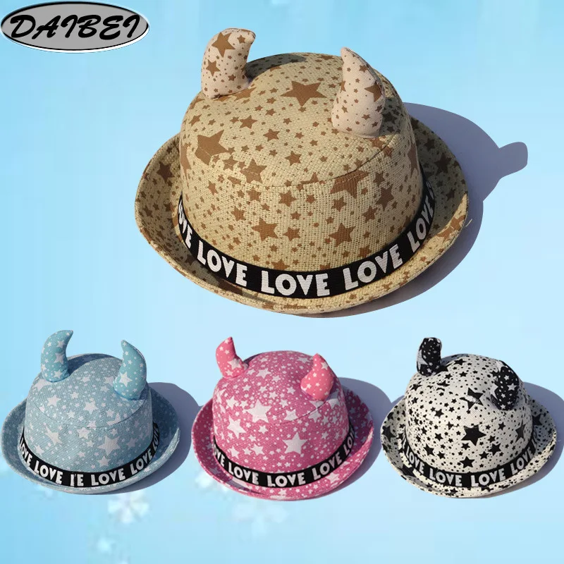 Summer Sun Hat Beach Hat Baby Sun Baseball Cap Boys Girls Ox Horn Stars