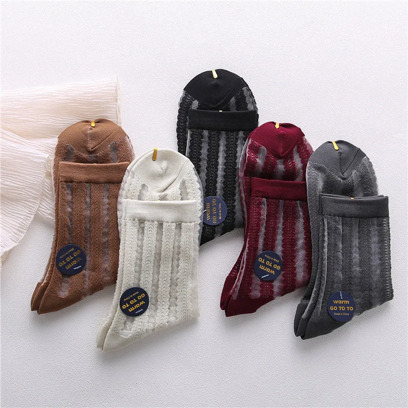 

SP&CITY 5 Pairs/Set New Arrival Striped Patterned Women Socks Ins Style Solid Color Thin Female Socks Korean Vintage Cheap Socks