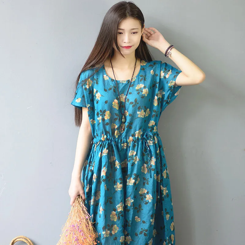 SCUWLINEN Vestidos 2019 винтажное летнее платье с принтом круглым вырезом и шнуровкой