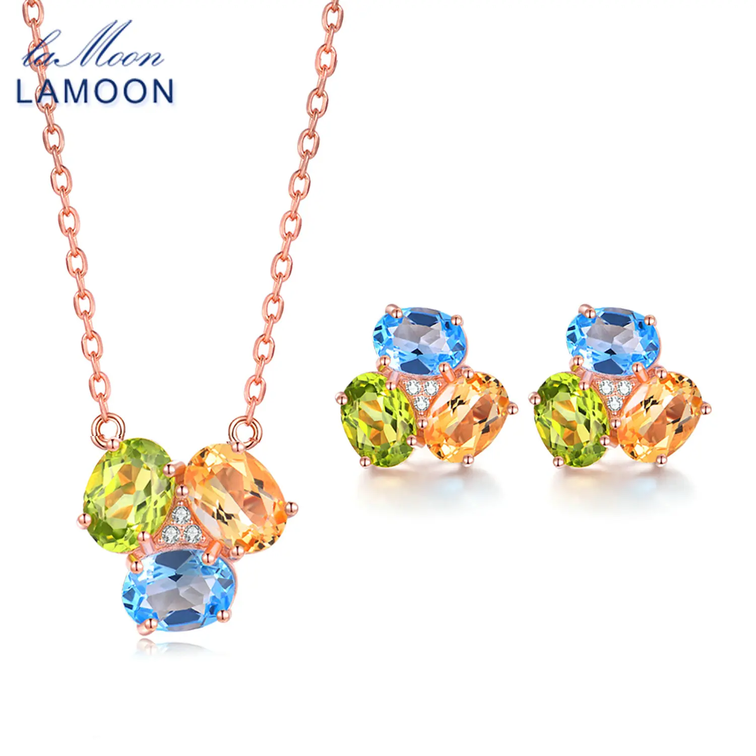 

LAMOON 3pcs 3ct Oval Yellow Citrine Green Peridot Blue Topaz 925 sterling-silver-jewelry Jewelry Set V003-6