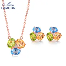 LAMOON 3pcs 3ct Oval Yellow Citrine Green Peridot Blue Topaz 925 sterling-silver-jewelry Jewelry Set V003-6
