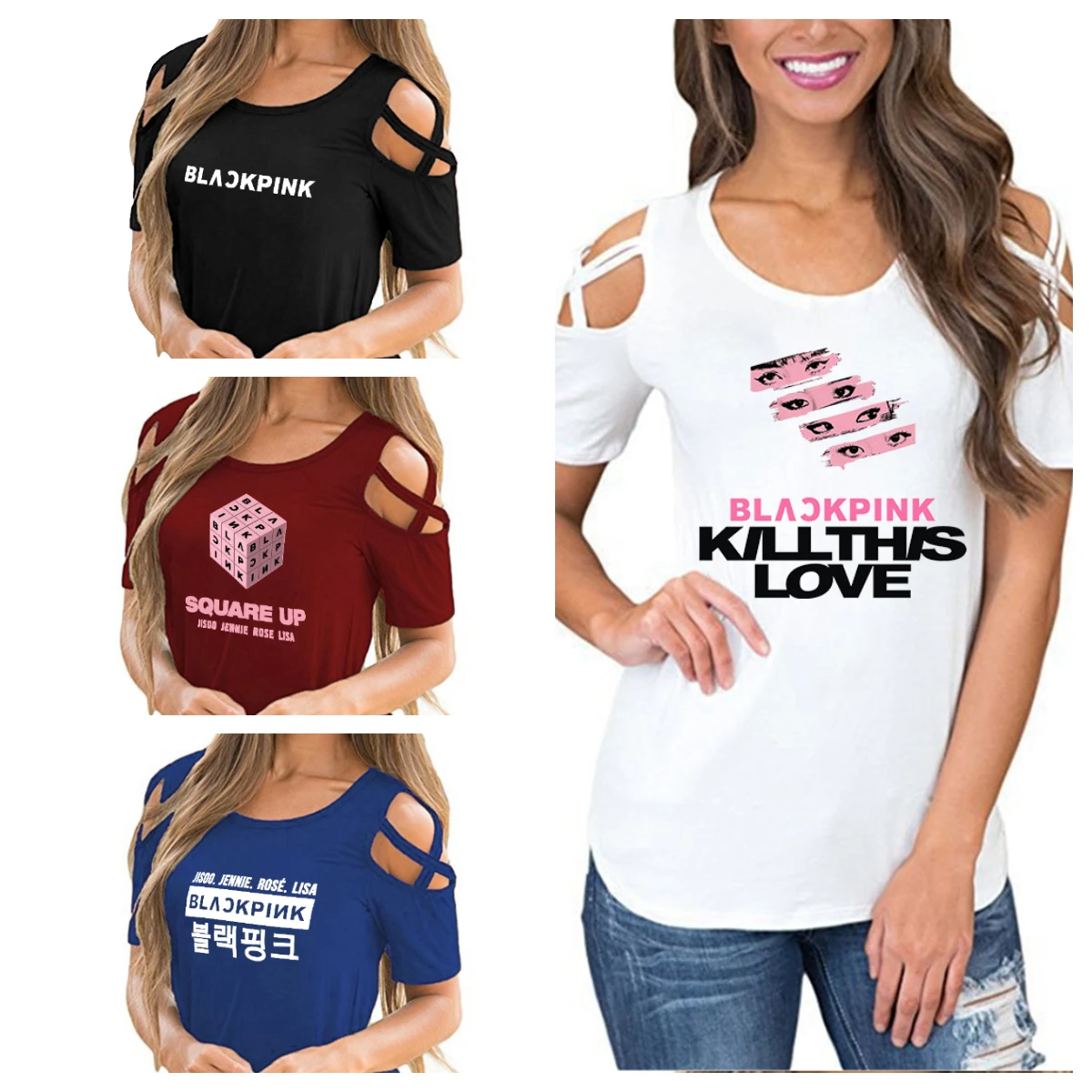 

Blackpink 2019 women shirts kpop Harajuku off shoulder Summer top Korean Women shirt hollow streetwear hip hop blouses