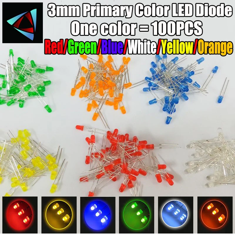 

6Colors*20PCS=100PCS / 1Color=100pcs F3 3mm LED Diode Light Assorted Kit Green Blue White Yellow Red Orange COMPONENT DIY kit
