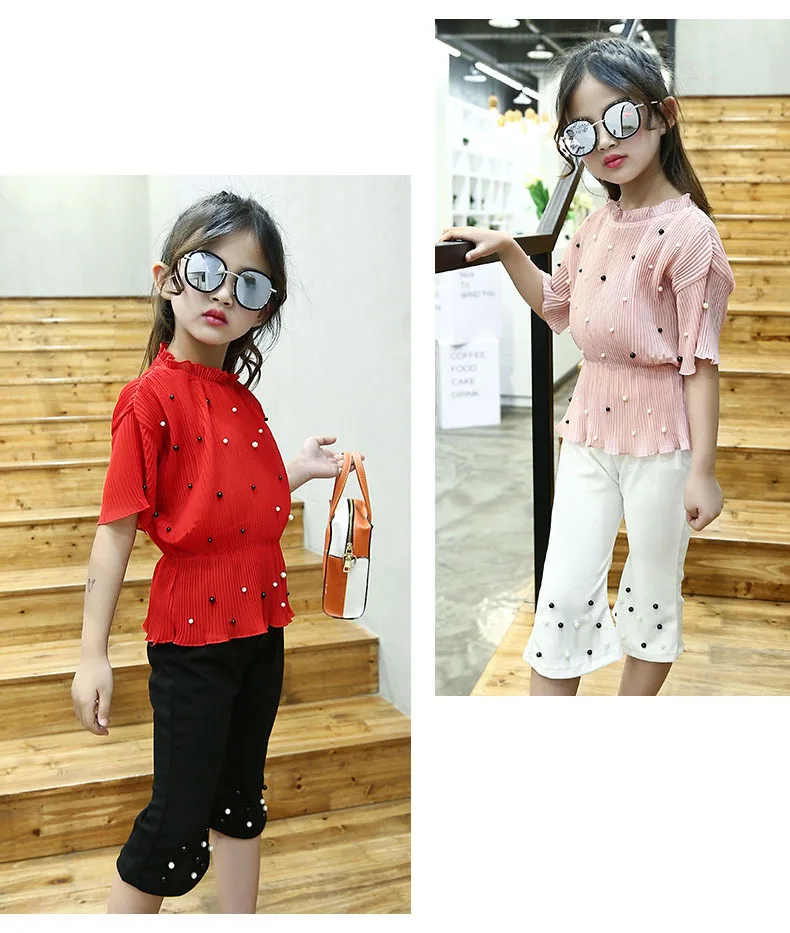 chiffon beading teenage little girls clothes 2pcs suit children girls clothing sets pink red blouses white black pants girls set  4 5 6 7 8 9 10 11 12 13 14  years old little big teenagegirls clothes set little (14)