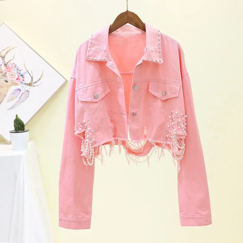 Spring Streetwear Pink Short Denim Jackets Female Beading Hole Jeans Jackets Long Sleeve Loose Cowboy Coat