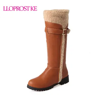 

Lloprost Ke Faux Fur Snow Boots Warm Knee Boots Long Plush Warm Lady Shoes Med Heel Square Heels Med Buckle Knights Boots zz014