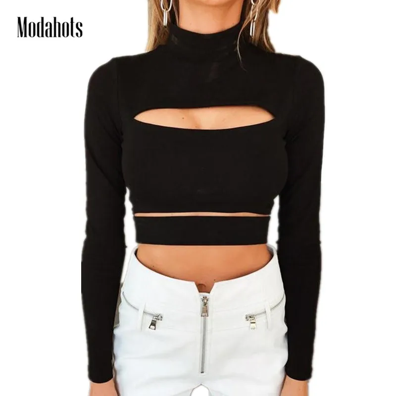 

2018 Trend Open Chest Sexy Crop Top Women Slim Tops Long Sleeve High Collar Solid Black Ladies Autumn Winter T Shirt Pullovers