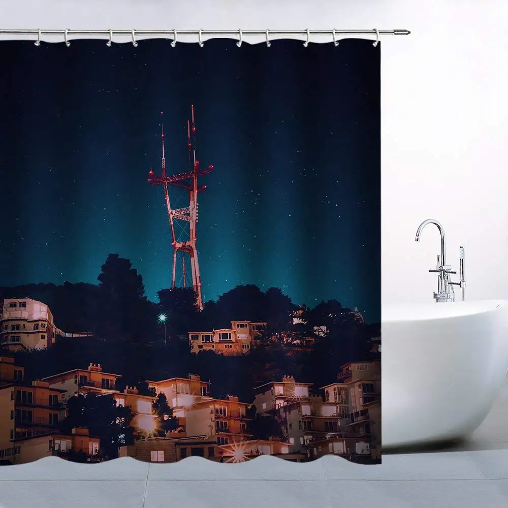 Signal Tower Pattern Theme Shower Curtain Beautiful Starry Sky Night View Residential District Red White |