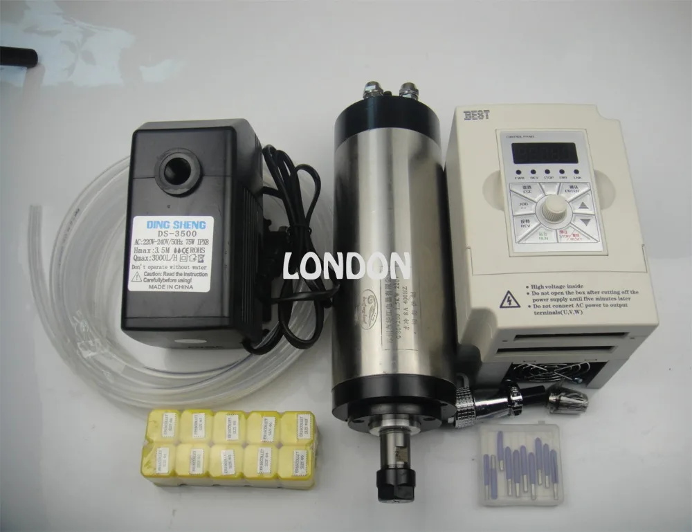 

ER16 diameter 80mm 220V water cooling 1.5KW spindle with 4 pieces bearing for cncmachine+1.5KW VFD+water pump+ER16+ cnc bits