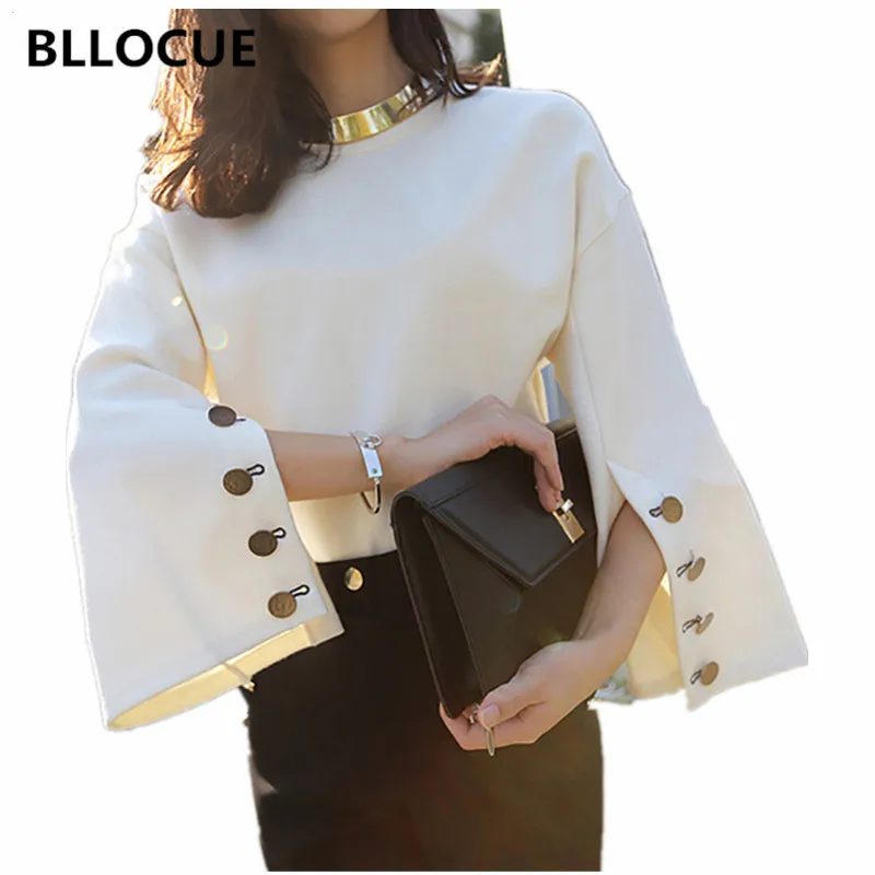 

BLLOCUE 2019 Autumn New Trumpet Sleeve Side Slit Button Solid Pullover Women Round Neck Suede Sweatshirt Hoodies