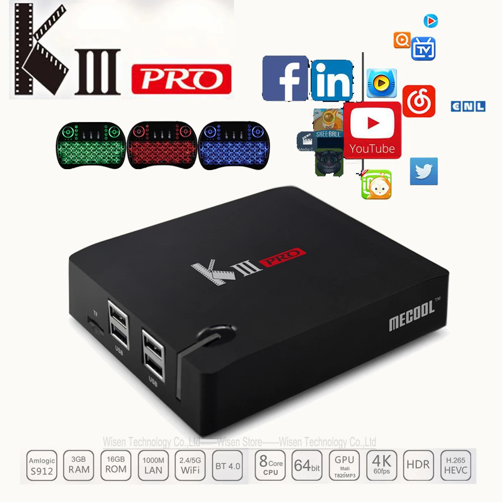 

MECOOL KIII Pro DVB T2 Android TV Box 3G 16G Amlogic S912 Octa Core 4K H.265 Decoding 2.4G+5G Dual Band WiFi BT 4.0 Media Player