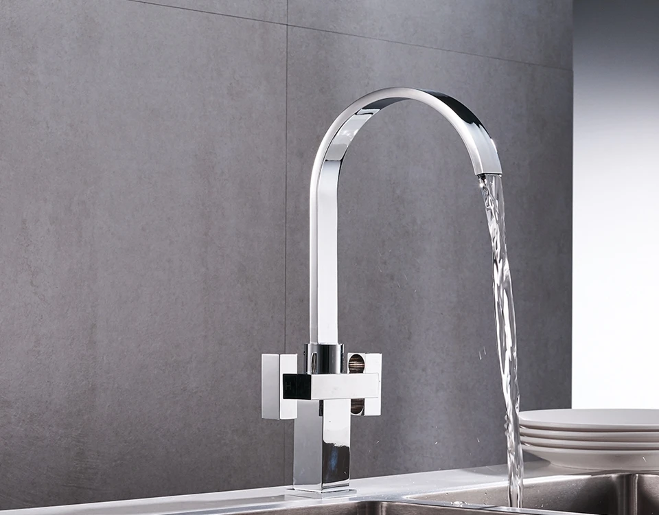 Modern Style High Arc Square Brass Kitchen Faucet In Chrome