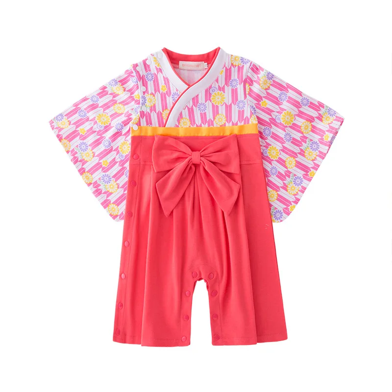 Детские комбинезоны для девочек, кимоно в японском стиле, с большим бантом, с цветочным принтом, осень-весна, одежда с длинными рукавами для новорожденного мальчика, костюм - Цвет: R30062-10