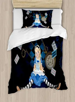 

Alice in Wonderland Duvet Cover Set Grown Size Alice Sitting with Flying Cards and Rose Checkered Cartoon Decorative Bedding Set