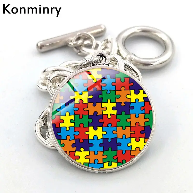 Konminry аутизма дизайн логотипа любовь браслет со стеклянным кабошоном кулон ручной работы серебристого цвета; Цвета цепь с плетением «бабочка» BangleFor Для женщин Для мужчин