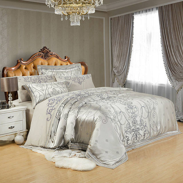 Silver Satin Embroidered Duvet Cover Luxury Bedding Set