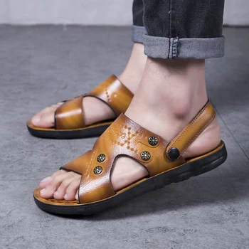 

2019 Summer Men's Sandals Classics Roma Fashion Leather Beach Shoes Men Non-Slip Slippers Male Flats Flip-flops Sandalias Hombre