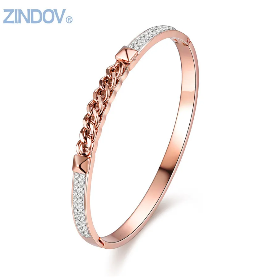 

ZINDOV Popular Women Bangle Bracelets Stainless Steel Gold Rose Gold Colors White Silver Top Crystals Shine Brand Design Jewelry