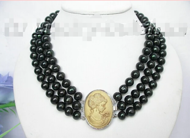 

lustrous 11mm 3row round Tahitian-black pearl necklace