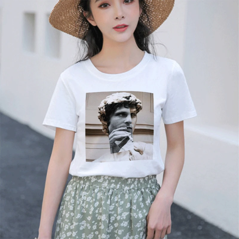 

Summer 2019 Korean Style New Harajuku Vintage Mona Lisa Michelangelo Aesthetic Couple funny T Shirt Vogue Casual Print Women Top