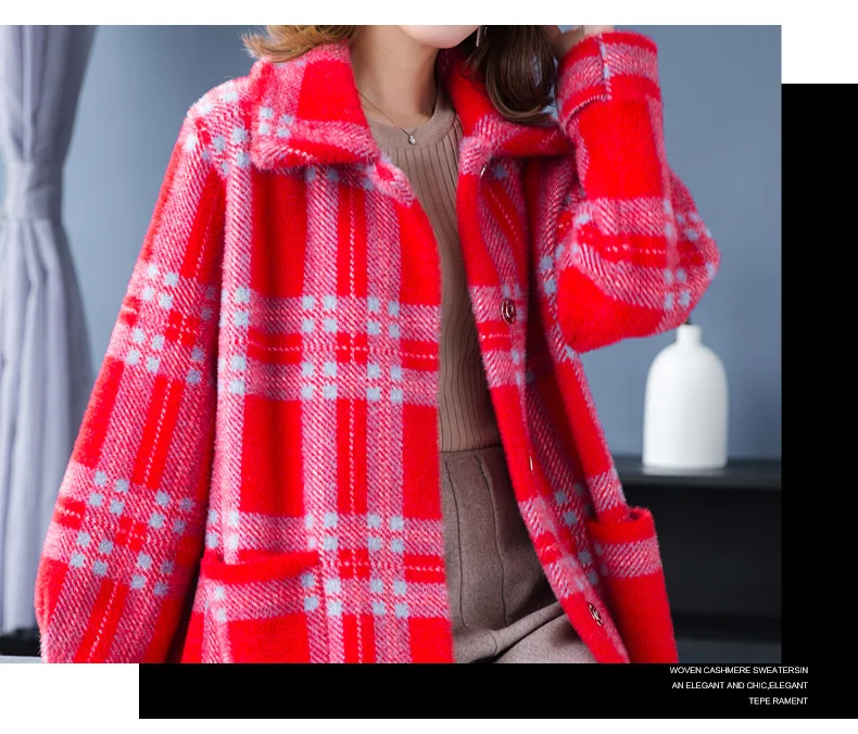 3XL Брендовое длинное пальто красного цвета, осенне-зимнее женское пальто, новинка, повседневное популярное цветное клетчатое пальто с отворотом, плотное теплое Свободное пальто для женщин