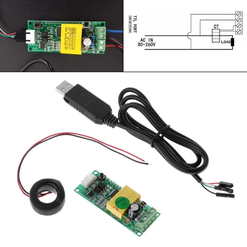 PZEM-004T однофазный измеритель энергии ttl AC 80-260V 100A w CT USB адаптер напряжение тока ватт кВтч Амперметр CT USB кабель