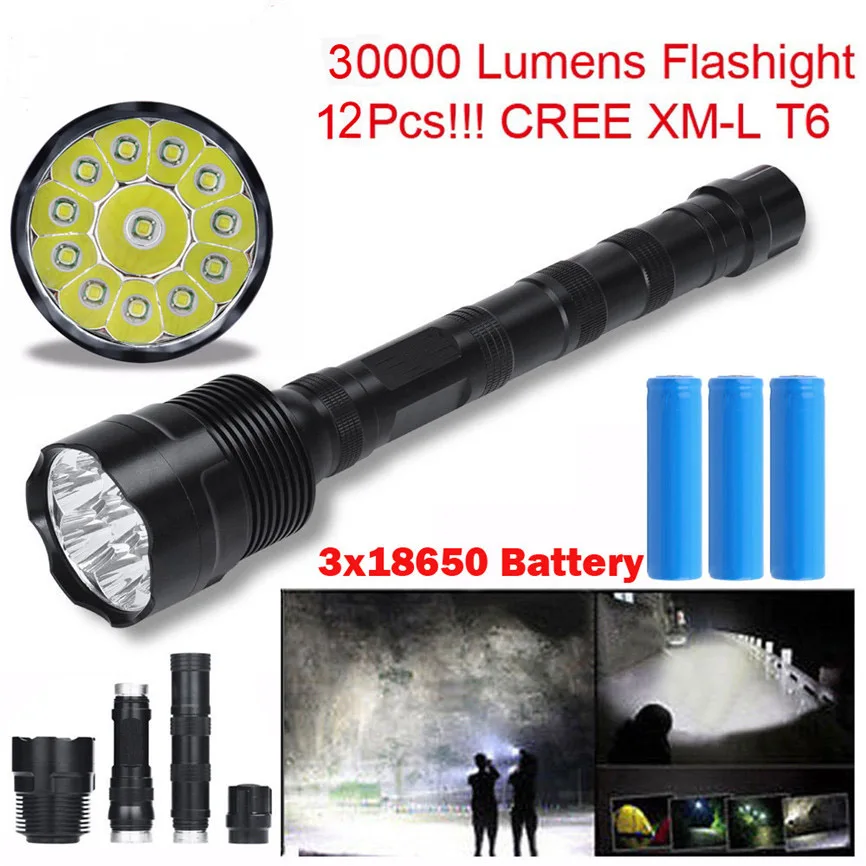 

Super 30000 Lumens 12x CREE XML T6 5 Mode LED Flashlight 3X 18650 Battery Light Lamp Dropshipping B35