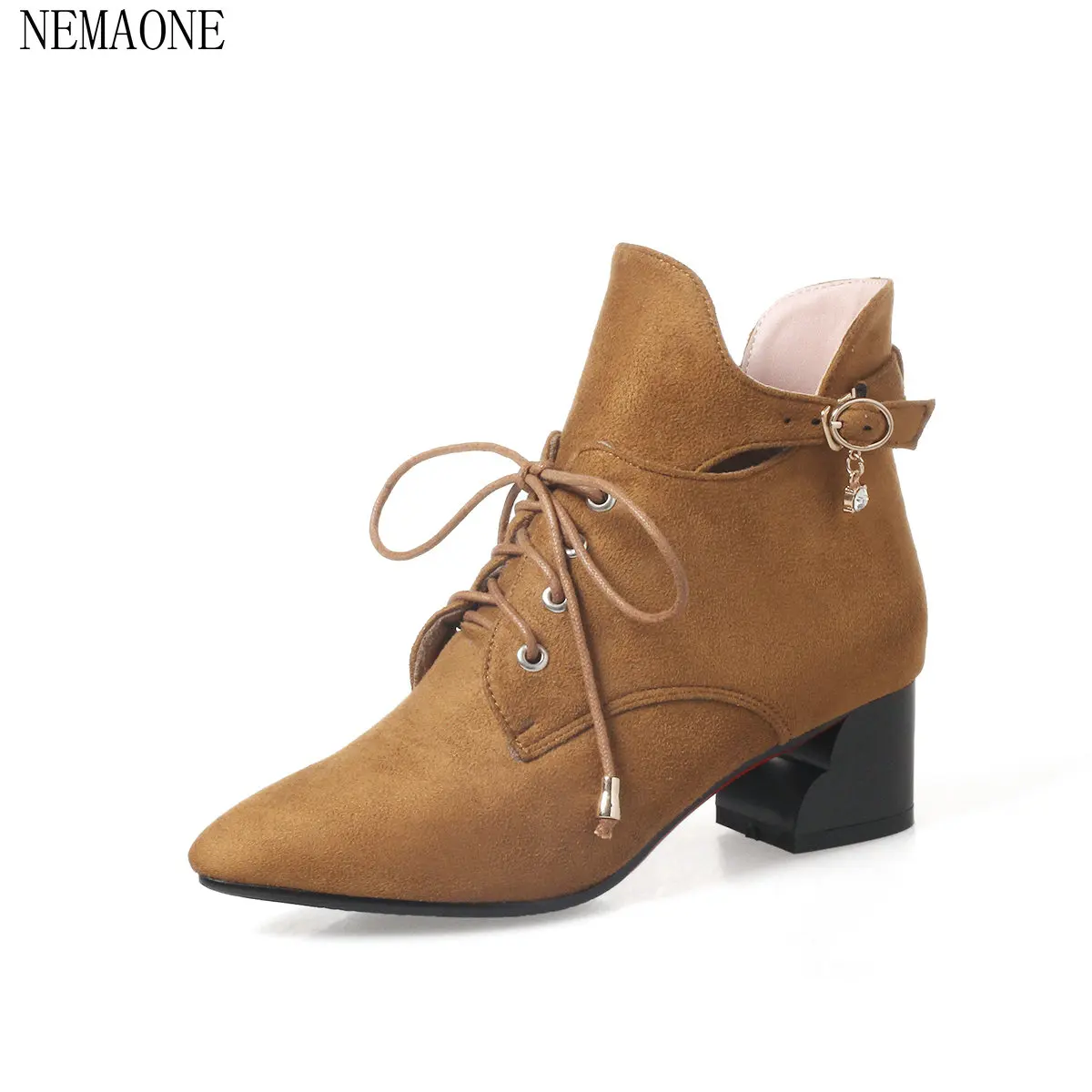 

NEMAONE 2018 ankle boots high quality hot sale pu leather high pointed toe fashion lace-up rivets women red wine winter boots