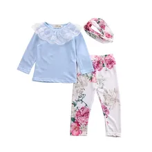 

2018 3Pcs New Newborn Baby Girls Floral Clothes Lace Blue Pants Headband Outfits Comfortable Sets Kids Girl Clothing