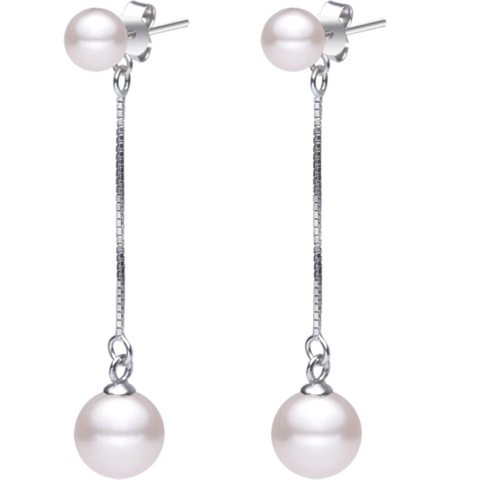 

925 Sterling Silver Double Natural Pearl Drop Earrings For Women Long Earings Sterling-silver-jewelry Brincos Oorbellen A172