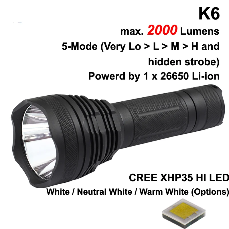 K6 Cree XHP35 HI белый 6500 К/нейтральный белый 5000 К/теплый белый 3000 К 2600 люмен 5-режим светодиодный фонарик-черный(1x26650