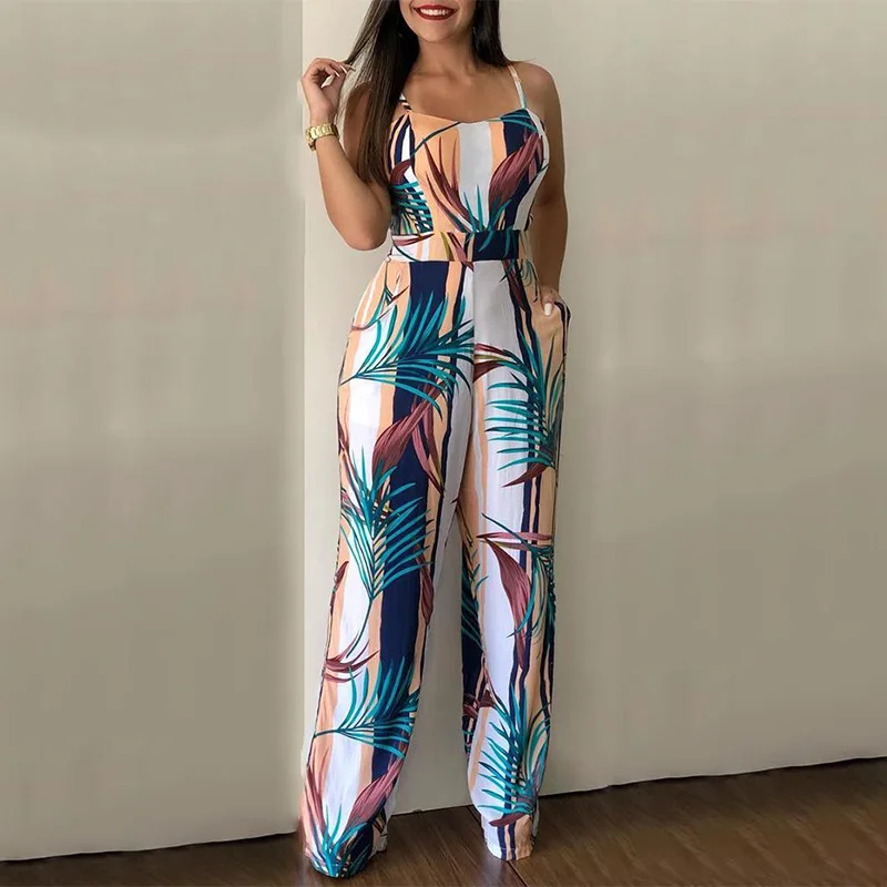 

Spaghetti Strap Leaf Print Jumpsuit for Women Summer Sleeveless Female Casual Rompers Jumpsuits