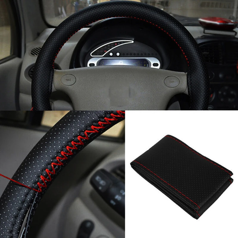 Black Red Pu Leather DIY Car Steering Wheel Cover With Needles And Thread For 38cm Diameter