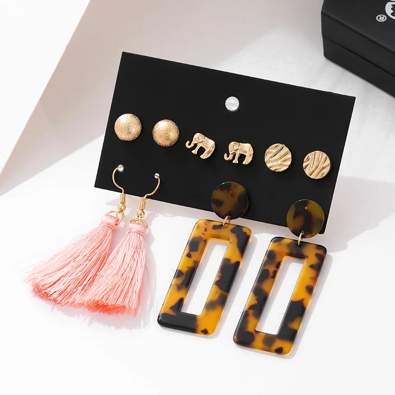 

Fashion Boho Geometric Acrylic Statement Animal Earrings Set Vintage Silk Fabric Tassel Drop Dangle Earring for Women Girl