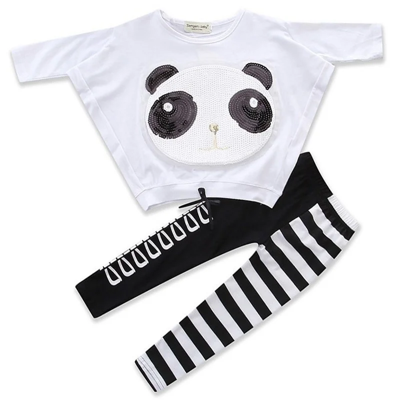 

Baby Girls Clothes Panda Sequins Print Tops T-Shirt+Striped Long Pants Set