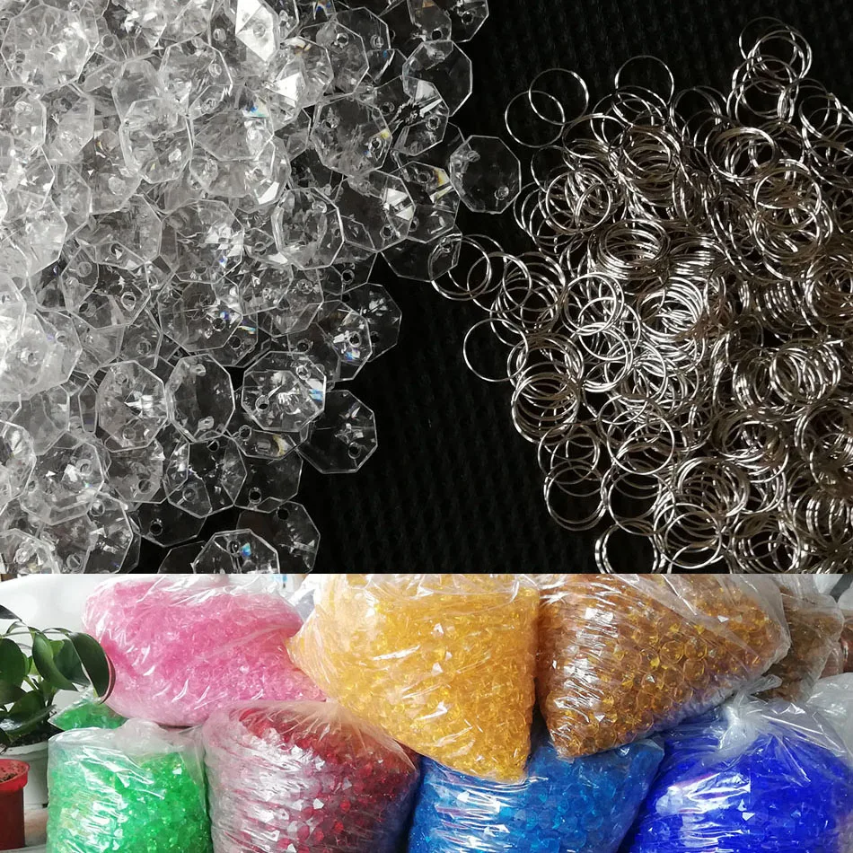 

500pcs Multicolor 14mm Beads 11mm Ring Acrylic Crystal Garland Prisms Octagonal Beads Lamp Chandelier Parts Pendant Decoration