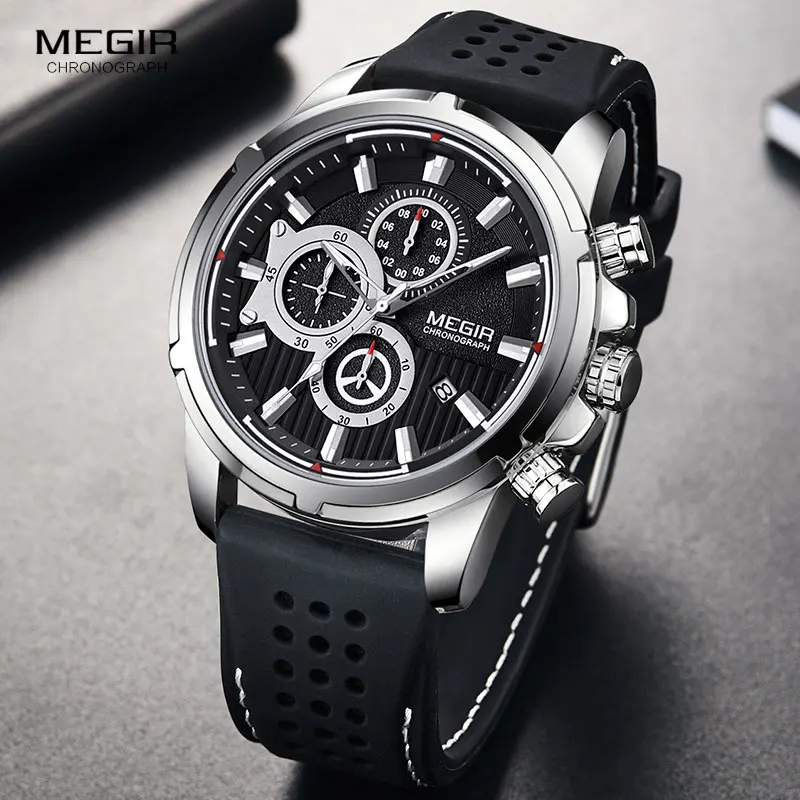 Online MEGIR Armee Sport Quarz Uhren Männer Chronograph Silikon Strap Armbanduhr Luxus Top Marke Relogios Mascuoino Uhr 2101 Silber