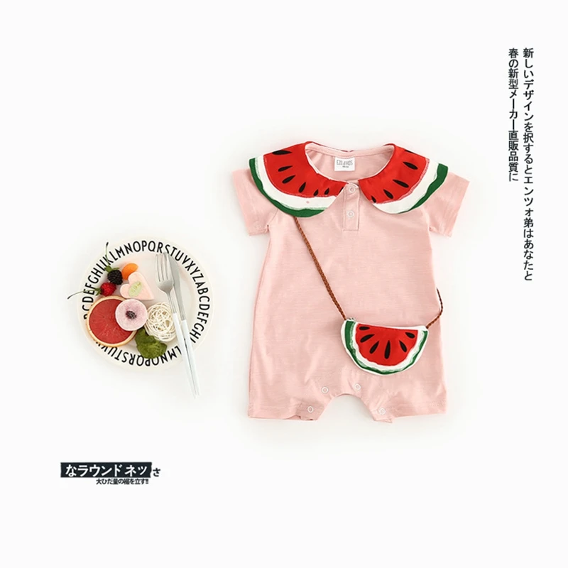 

2019 Summer Baby Girls Cotton Short Sleeve Lapel Collar Watermelon Rompers Infant Newborn Jumpsuits + Bat Kids Toddler Clothes