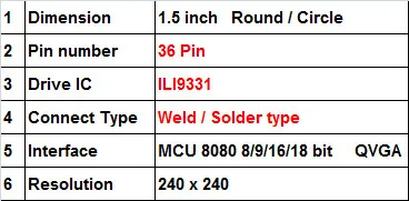 1,5 дюймов круглый кулон покрытый полноцветный TFT ЖК-дисплей экран дисплея ILI9331 драйвер 240x240 36 Pin сварные 8080 8/9/16/18 не нужен разъем