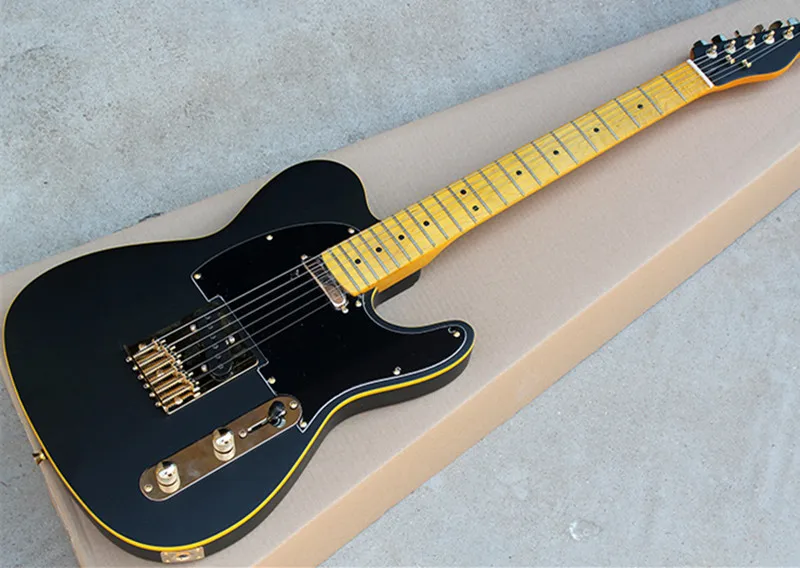 

Black Body Electric Guitar with Black Pickguard,Retro Maple Fretboard,Yellow Binding, Gold Hardwarer,Offer Customized