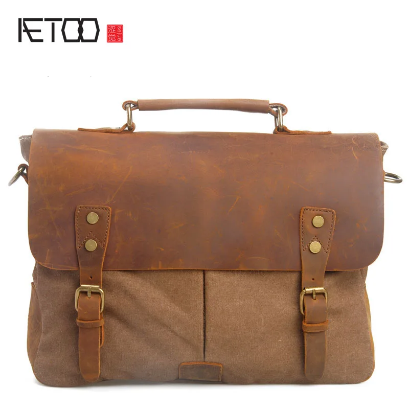 

AETOO winter new European and American retro cloth canvas with leather messenger bag shoulder messenger bag laptop briefcase