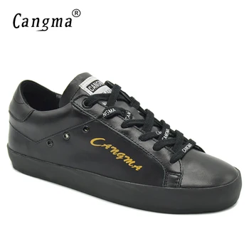 

CANGMA Durable Flats Shoes For Woman Black Genuine Leather Female Handmade Footwear Women Sneakers Lace Up Casual Shoes
