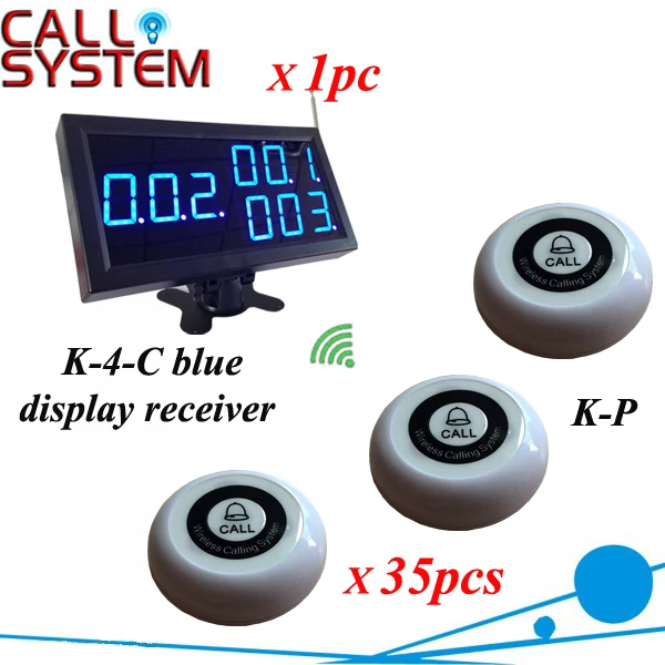 

Restaurant paging calling system with 3-digit led display and 35pcs table bell buzzer for customer use 433.92mhz