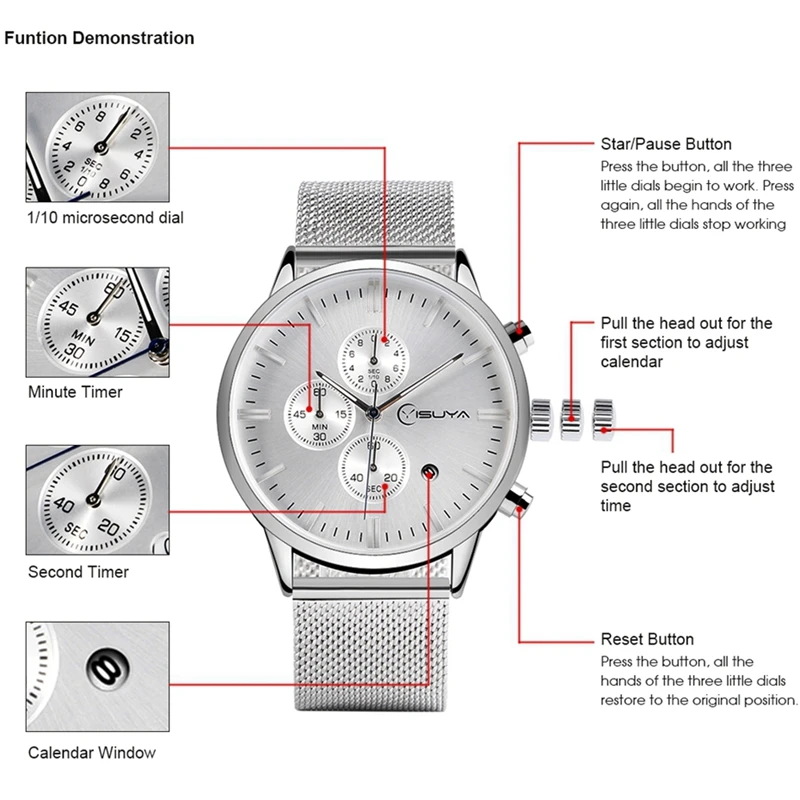 

YISUYA Mens Watches Chronograph Top Brand Luxury Silver Stainless Steel Mesh Band Wrist Watch Business Clock Relogio Masculino