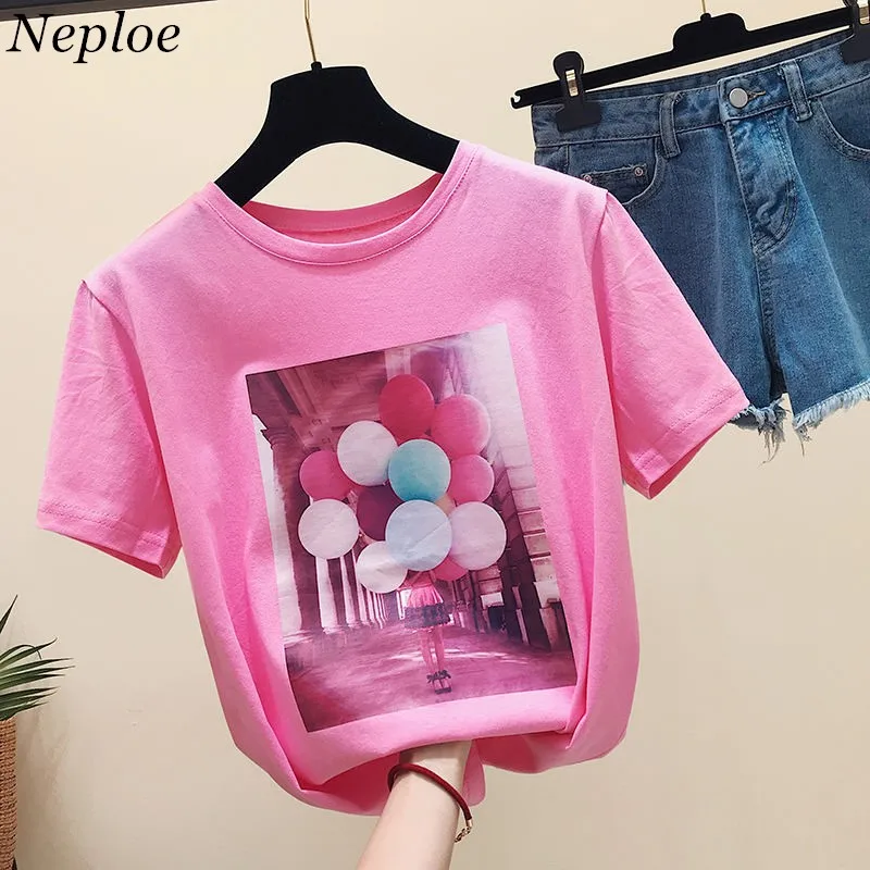 

Neploe Pink t-shirt Women Shirts 2019 Cartoon Appliques T Shirts Short Sleeve Causal Tops New Korean Fashion T Shirts 37933