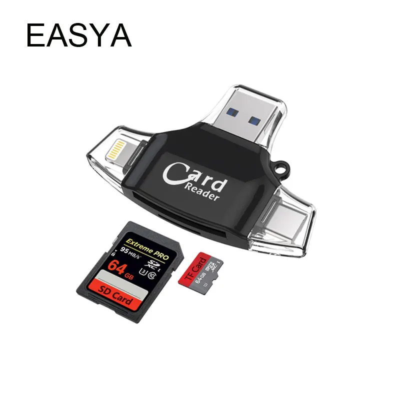

EASYA 4-in-1 OTG Card Reader Adapter Mini USB 2.0 Memory with TF SD Card Slot for Lighting/Type-c/Micro USB/USB 2.0 for Phone PC
