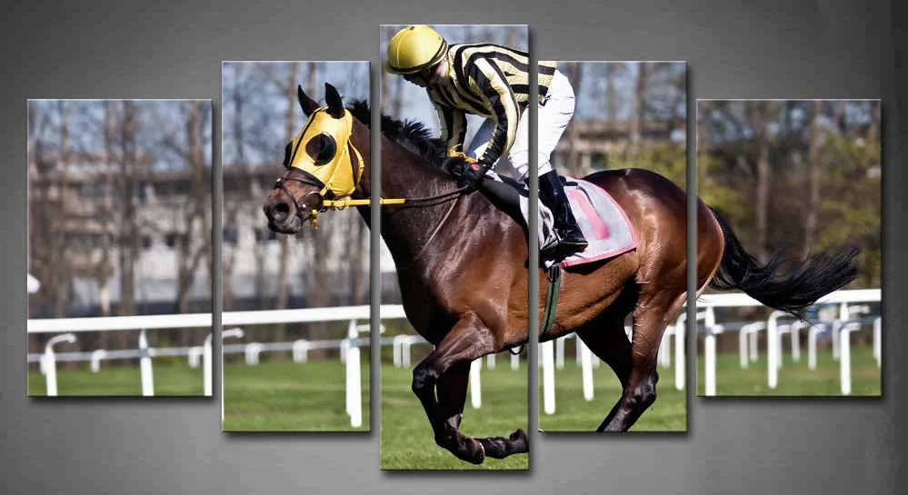 

Framed Wall Art Pictures Horse Jockey Green Lawn Canvas Print Artwork Animal Posters With Wooden Frames For Living Room